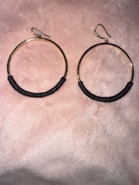 Handwrapped Gold Hoop Earrings with Black Thread Accent